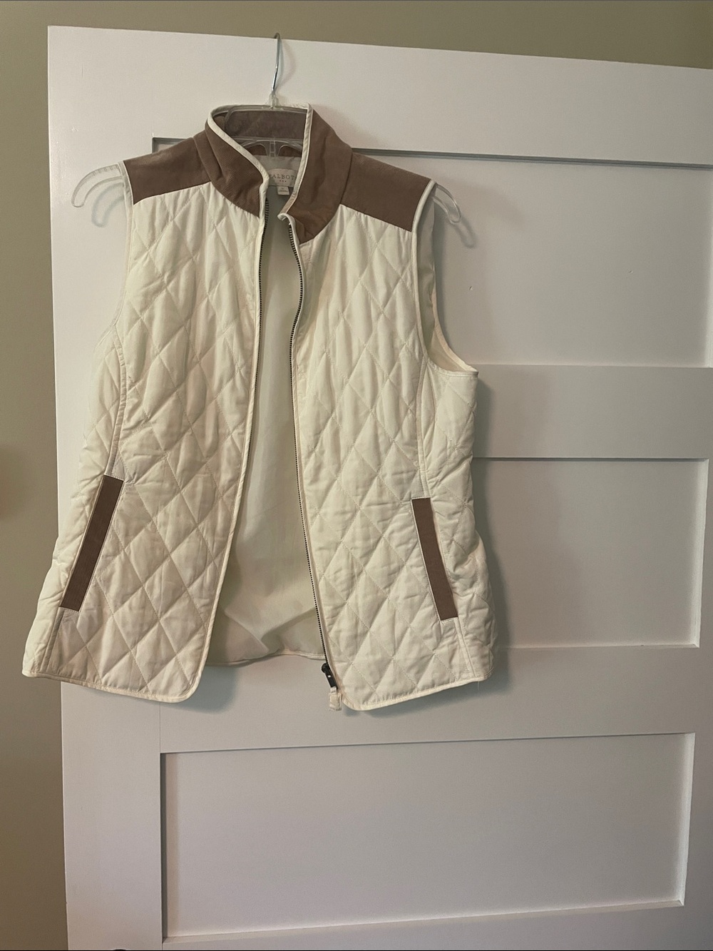 Talbots Cream Quilted Vest with Tan Trim